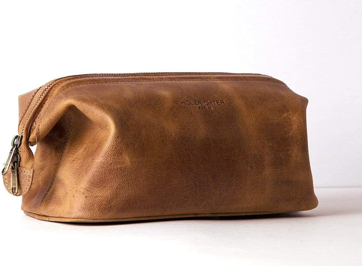 HOLZRICHTER Berlin handgefertigter Leder Kulturbeutel (M). Grosse, hochwertige Kulturtasche aus Lede