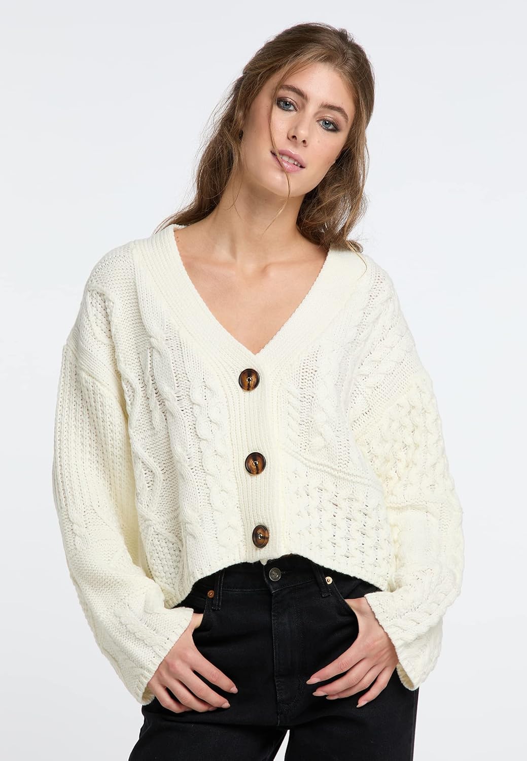 IZIA Damen Cropped Strickjacke XL-XXL Wollweiss, XL-XXL Wollweiss