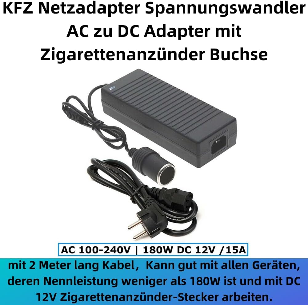 O49CS KFZ Spannungswandler Netzadapter Ladegerät 230V AC auf 12V/15A DC (max.180W) Zigarettenanzünde