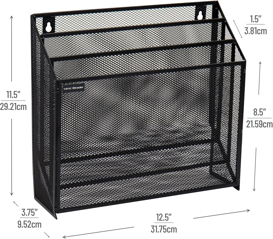 Mind Reader Vertical File Storage, Desktop Organizer, Wall Mount, Office, Metal Mesh, 12.5" L x 3.75