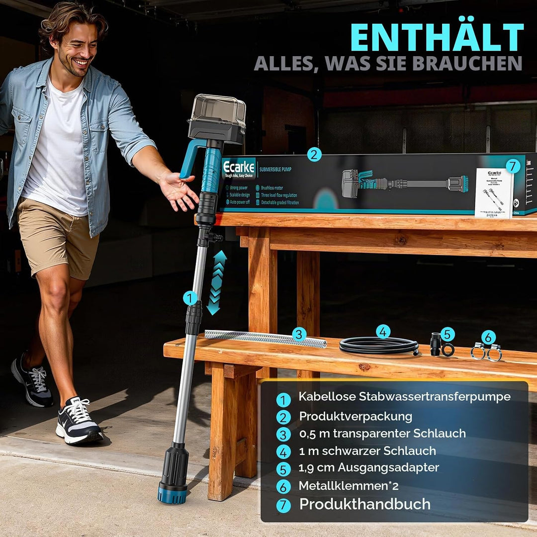 Ecarke Akku-Regenfasspumpe kompatibel mit Makita 18V – Fördermenge 3000 L/h, 8 m Förderhöhe, Auto-St