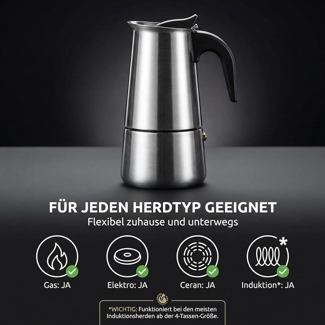 Coffee Fox® Espressokocher aus Edelstahl - Kaffeebereiter Kaffeekocher Espresso-Kanne (9 Tassen - 45