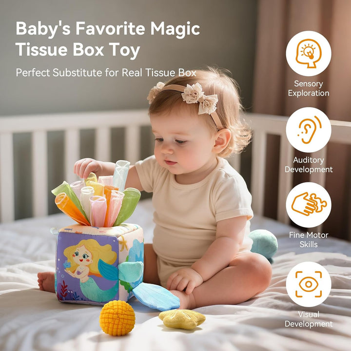 WOODEN TEETHER Baby Spielzeug Tissue Box Toy, Montessori Motorik Sensorik 6 12 Monate Hohem Kontrast