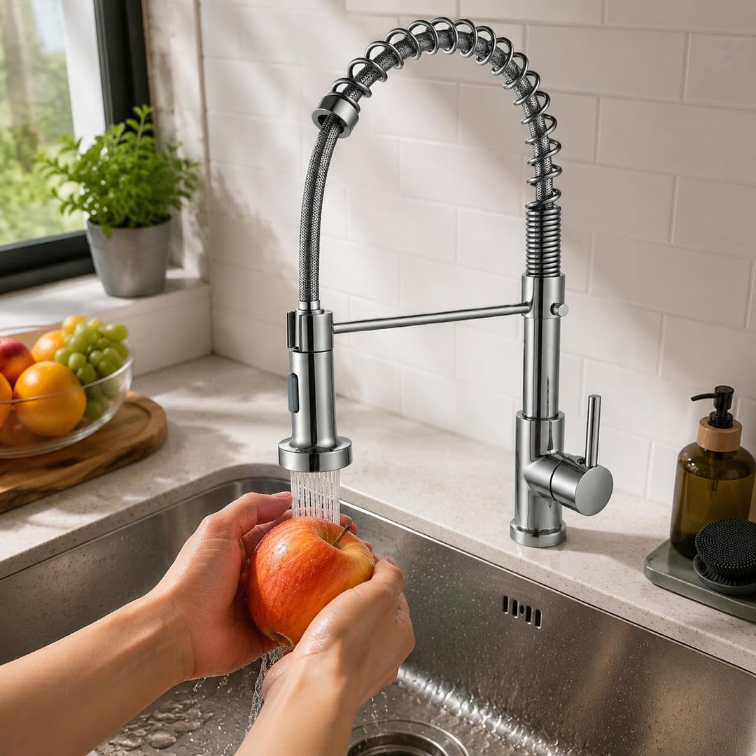 Wasserhahn Küche, Federhahn aus gebürstetem mit Pull Down Sprühkopf,Spültischarmatur 360°Drehung Gee