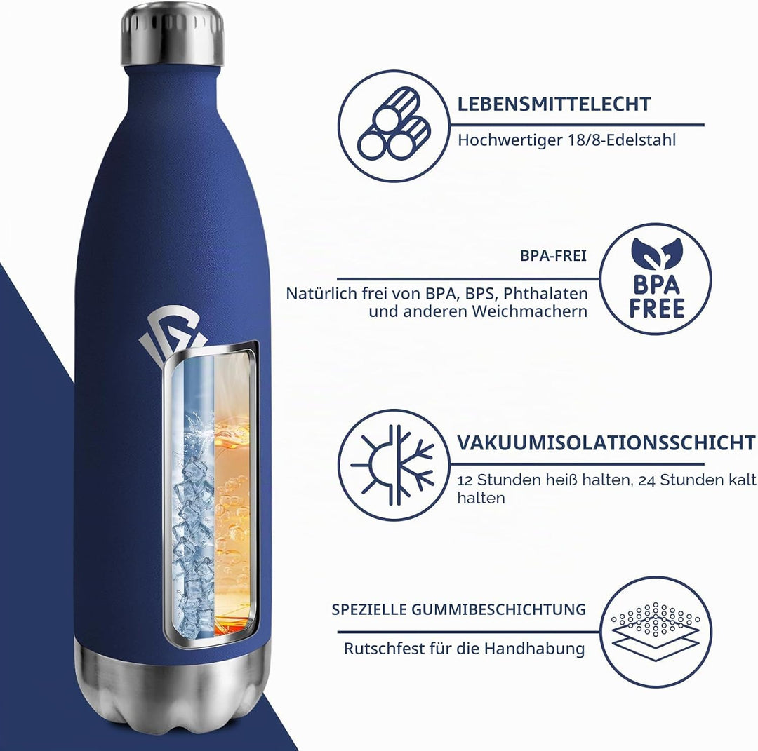 Trinkflasche Edelstahl 1L, BPA-Frei Isolierflasche, Thermosflasche Vakuum Doppelwandig, Trinkflasche