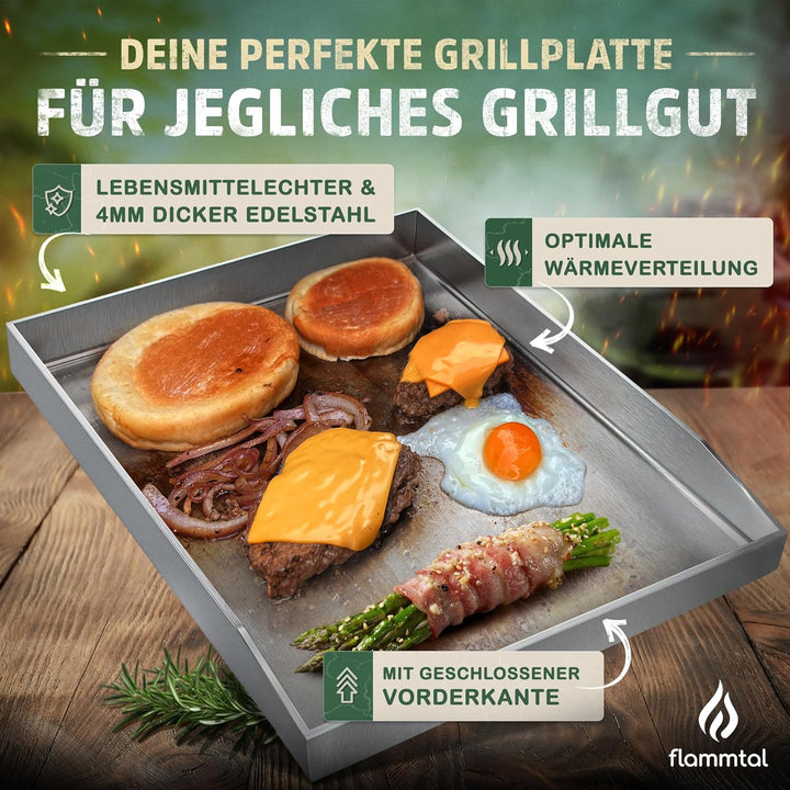 Grillplatte aus 4mm rostfreiem Edelstahl [40 x 30cm] - Plancha mit Grillspachtel Set & Burgerpapier