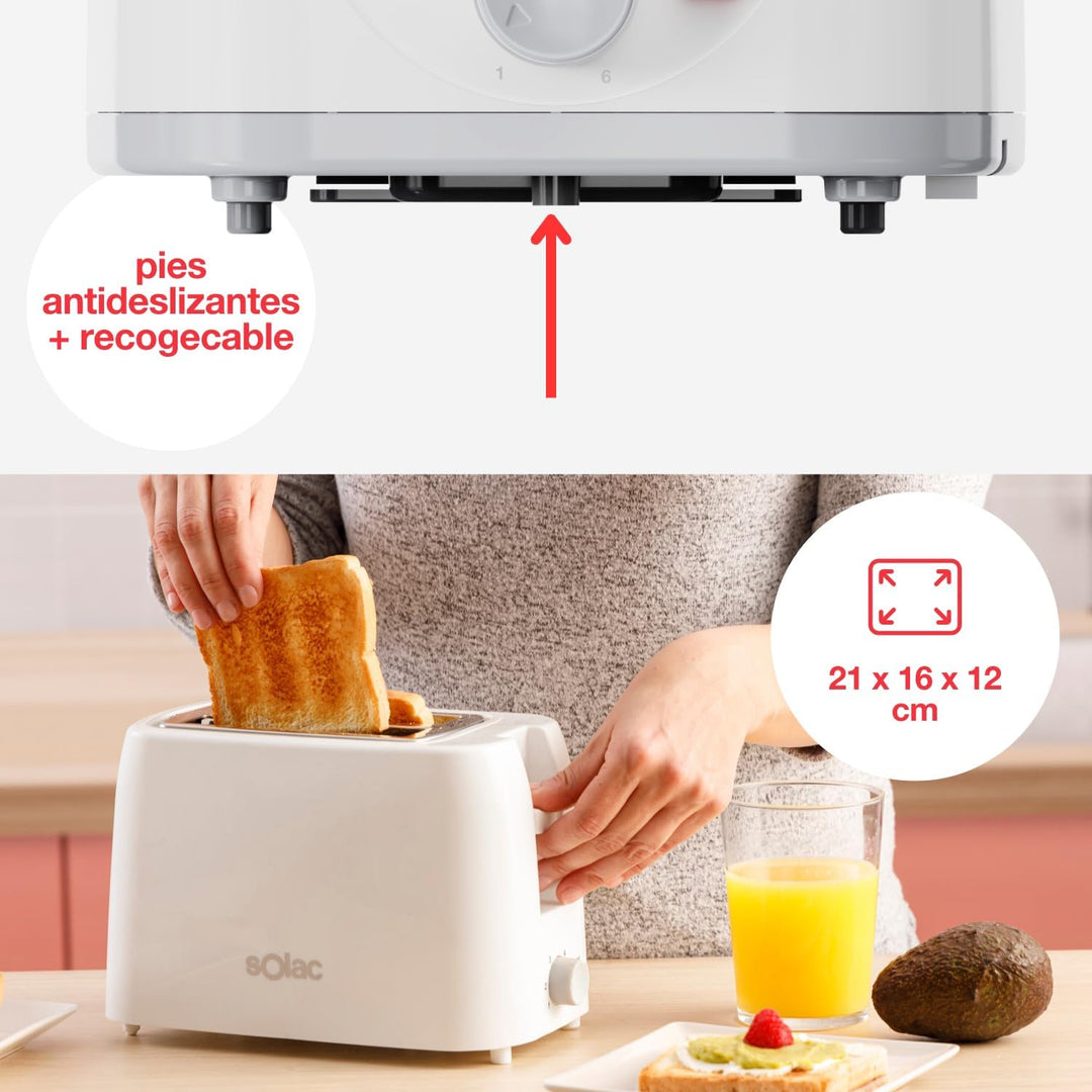 Solac - Mini-Toaster Buon Giorno 750W | 2 Schlitze für Toastbrot | 6-stufiger Bräunungsregler | Selb