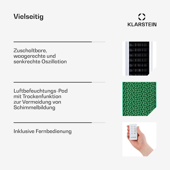Klarstein Klimaanlage ohne Abluftschlauch, 5-in-1 Klimagerät mit Nachtmodus, Leiser Ventilator & Luf