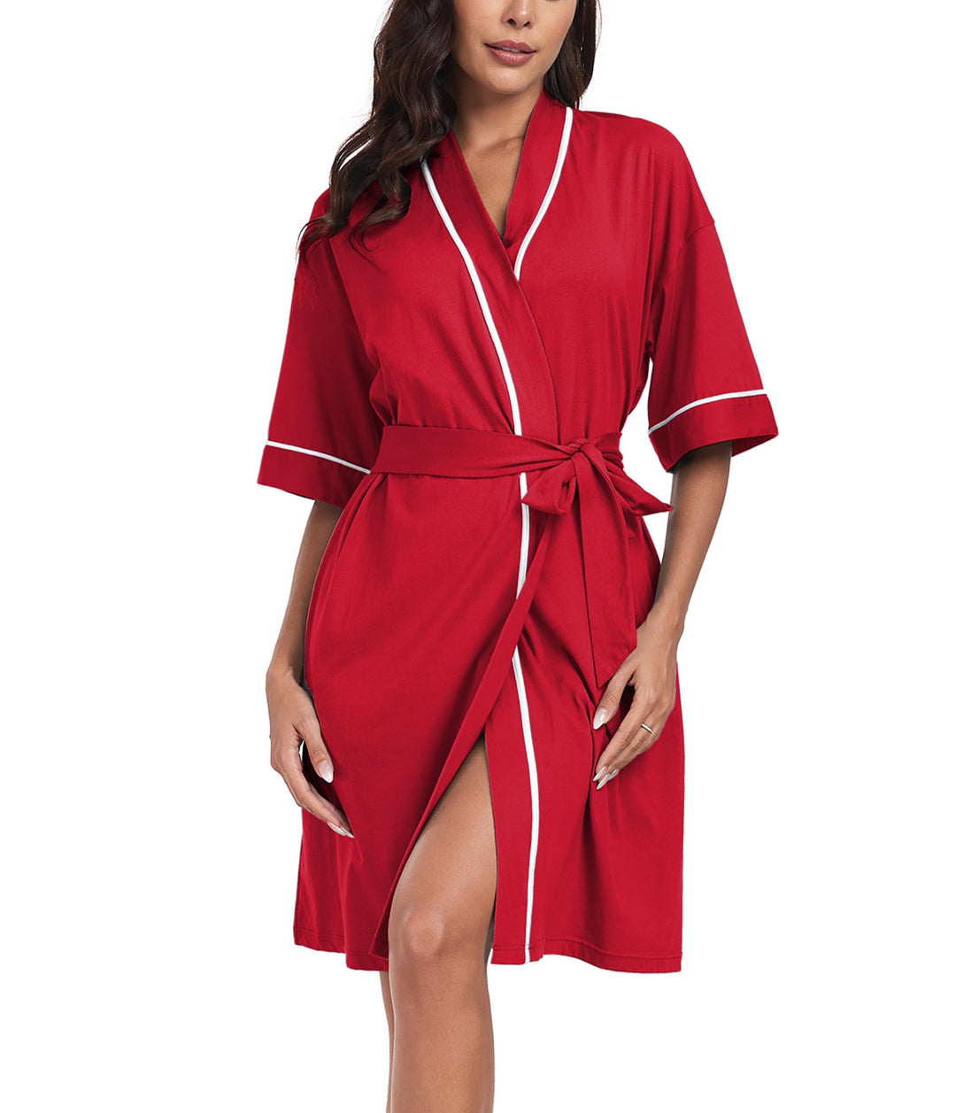 COLORFULLEAF 100% Baumwolle Bademantel Damen Kurz Morgenmantel Leicht Knielang Kimono Saunamantel Na