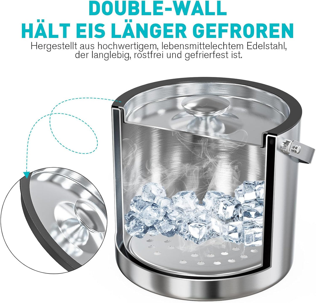 3,2L Eiswürfelbehälter mit Deckel Schaufel-Edelstahl Eiskübel Doppelwandiger Isolierter Eisbehälter