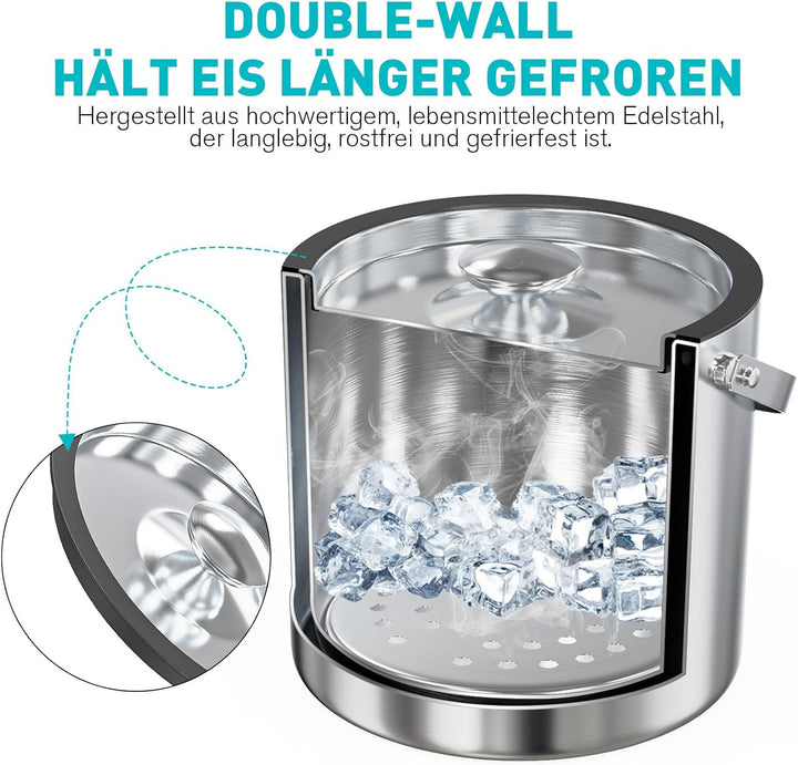 3,2L Eiswürfelbehälter mit Deckel Schaufel-Edelstahl Eiskübel Doppelwandiger Isolierter Eisbehälter