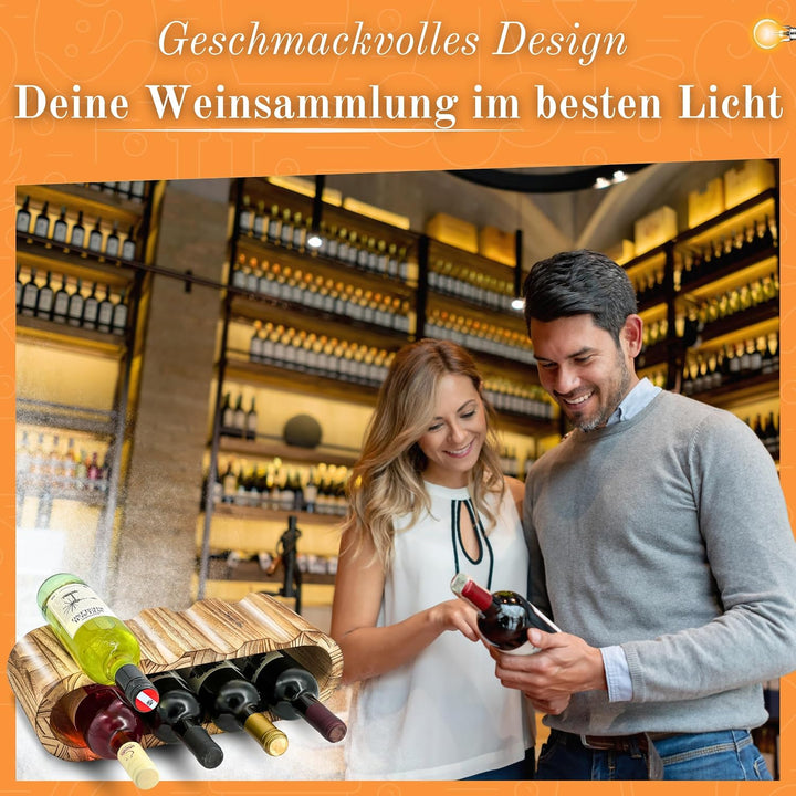Rustikales Weinregal Holz geflämmt - Flaschenregal Holz für 8 Flaschen, 2 Etagen - Zeitloses Design,