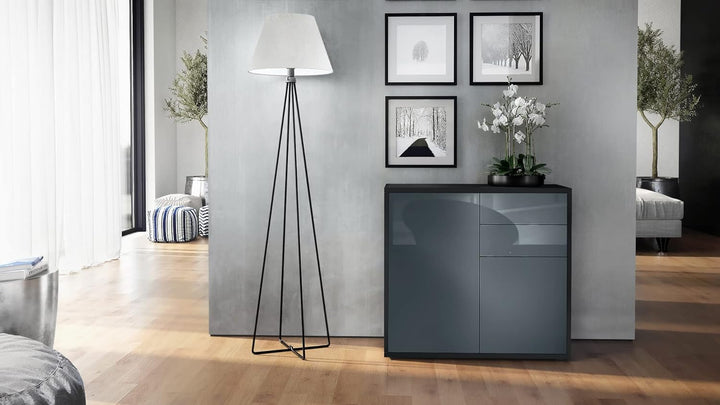 Vladon Sideboard Ben, Kommode mit 2 Türen und 2 Schubladen, Schwarz matt/Grau Hochglanz (79 x 74 x 3