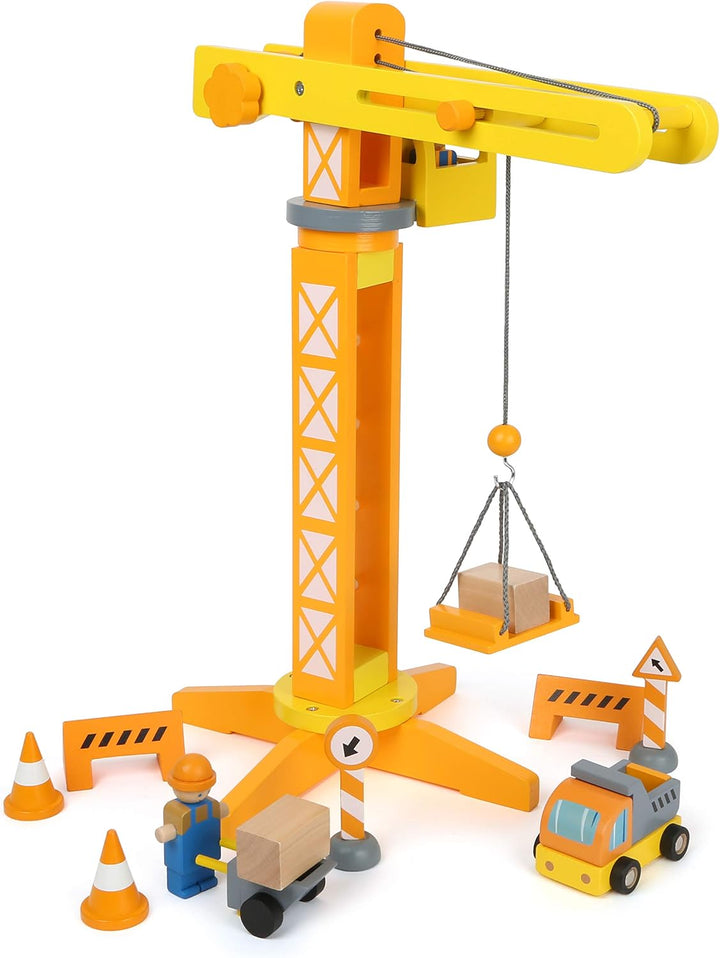 small foot Baukran mit Baustellenzubehör aus Holz, Spiel-Set für Kinder ab 3 Jahren, 12007, Baukran
