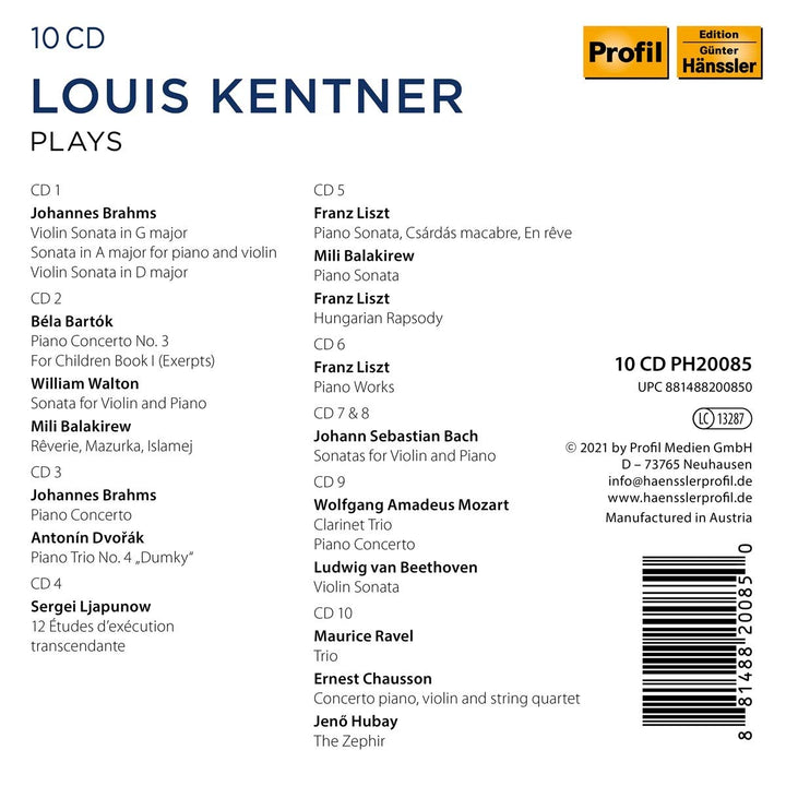 Louis Kentner Plays Brahms,Liszt,Bach,Mozart,.., Audio-CD