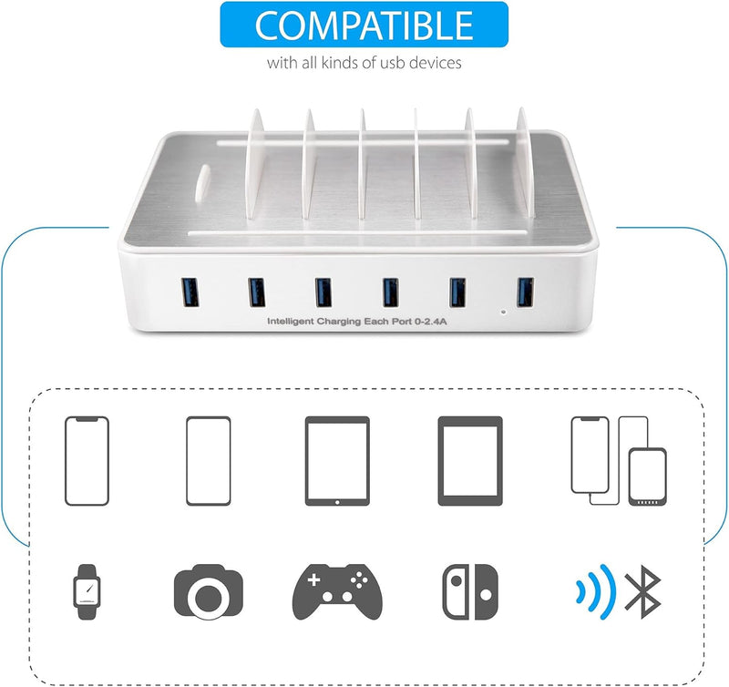 Handy USB Ladestation TechDot Ladestation Mehrere Geräte 6 Port USB Multi Ladestation für Handys Sma