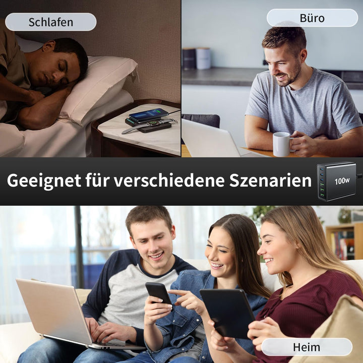 USB C Ladegerät Mehrfach: 100W 6-Port Schnellladegerät mit USB-C und USB-A, Tragbarer netzteil für i