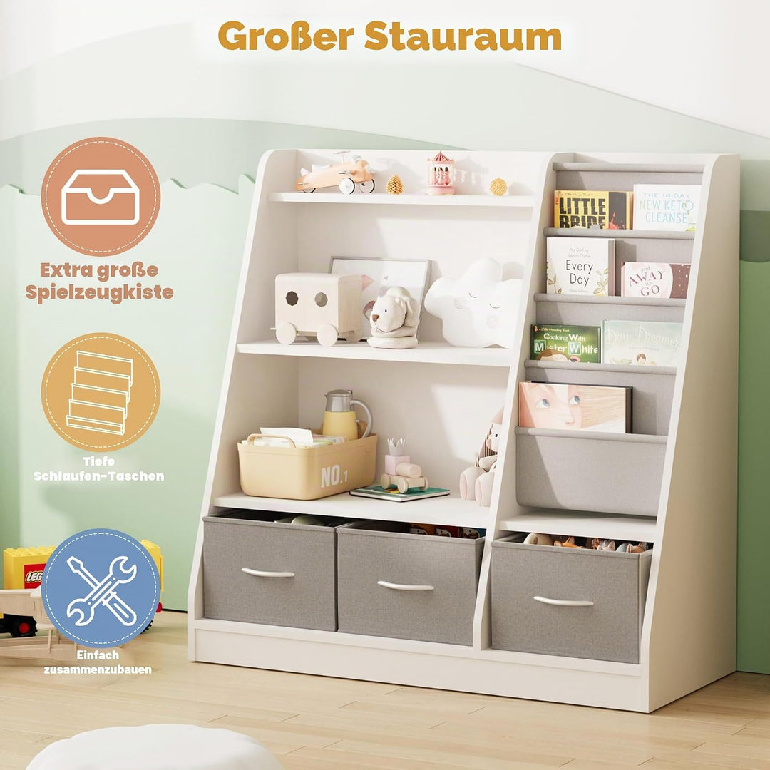 NACHES Kinderregal mit 3 Aufbewahrungsboxen aus Vliesstoff, Bücherregal Kinder Montessori mit 4 Abla