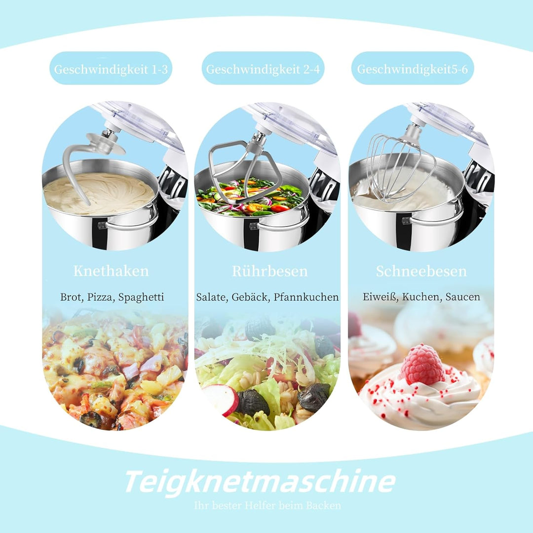 Kitchen in the box Küchenmaschine, 6,2 L Knetmaschine 1400 W, 6 Geschwindigkeits Teigmaschine mit Rü