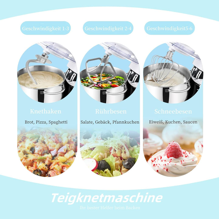 Kitchen in the box Küchenmaschine, 6,2 L Knetmaschine 1400 W, 6 Geschwindigkeits Teigmaschine mit Rü