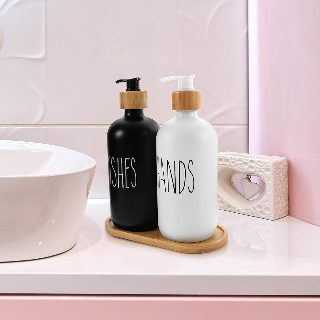 DOITOOL 500ml Lotion Spender Satz aus Glas und Bambus mit Praktischem Tablett Nachfüllbarer Pumpspen