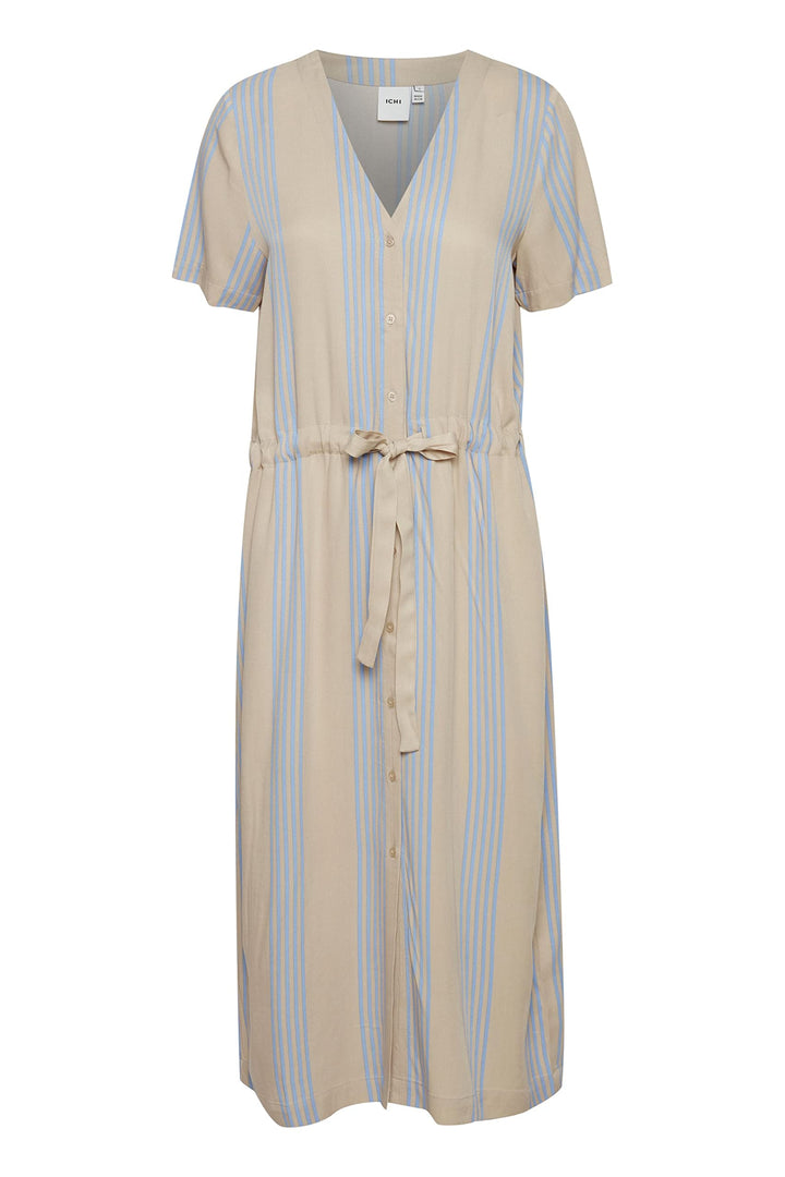ICHI IHEA DRDamen Freizeitkleid Kleid mit V-Ausschnitt Kurzarm gestreift XL Doeskin (151308), XL Doe