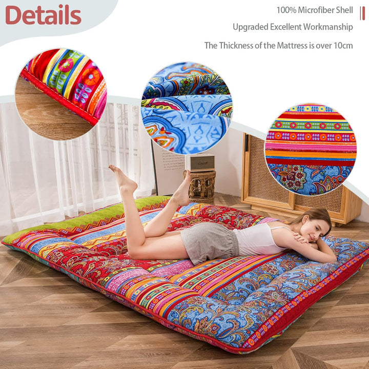 MAXYOYO Böhmische Retro-Bodenmatratze, Vintage-Blumenmuster, japanische Futon-Matratze, aufrollbar,