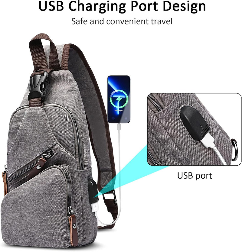 DORRISO Herren Umhängetasche Mode Brusttasche Schultertasche Leinwand Schultertaschen USB Anschluss