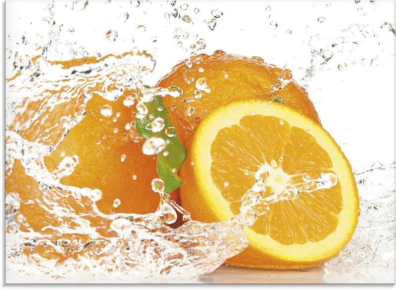 ARTLAND Küchenrückwand Glas mit Motiv Spritzschutz 90x65 cm Orange im Eiswasser Obst Früchte Essen L