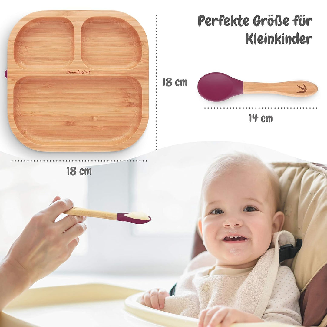 Kinderteller mit Saugnapf kirsche I Inkl. Rezepte-Ebook I rutschfester Babyteller aus Bambus mit Löf