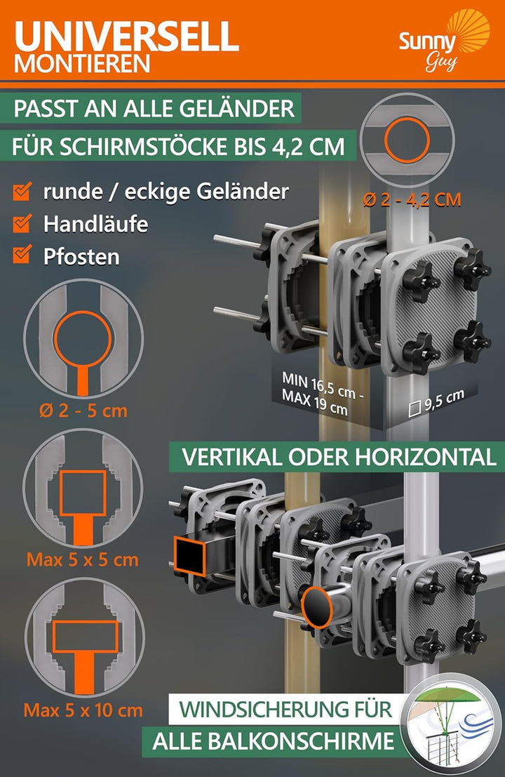 4smile Sonnenschirmhalter Balkongeländer SunnyGuy 2.0, Anthrazit - Universelle Sonnenschirm Halterun
