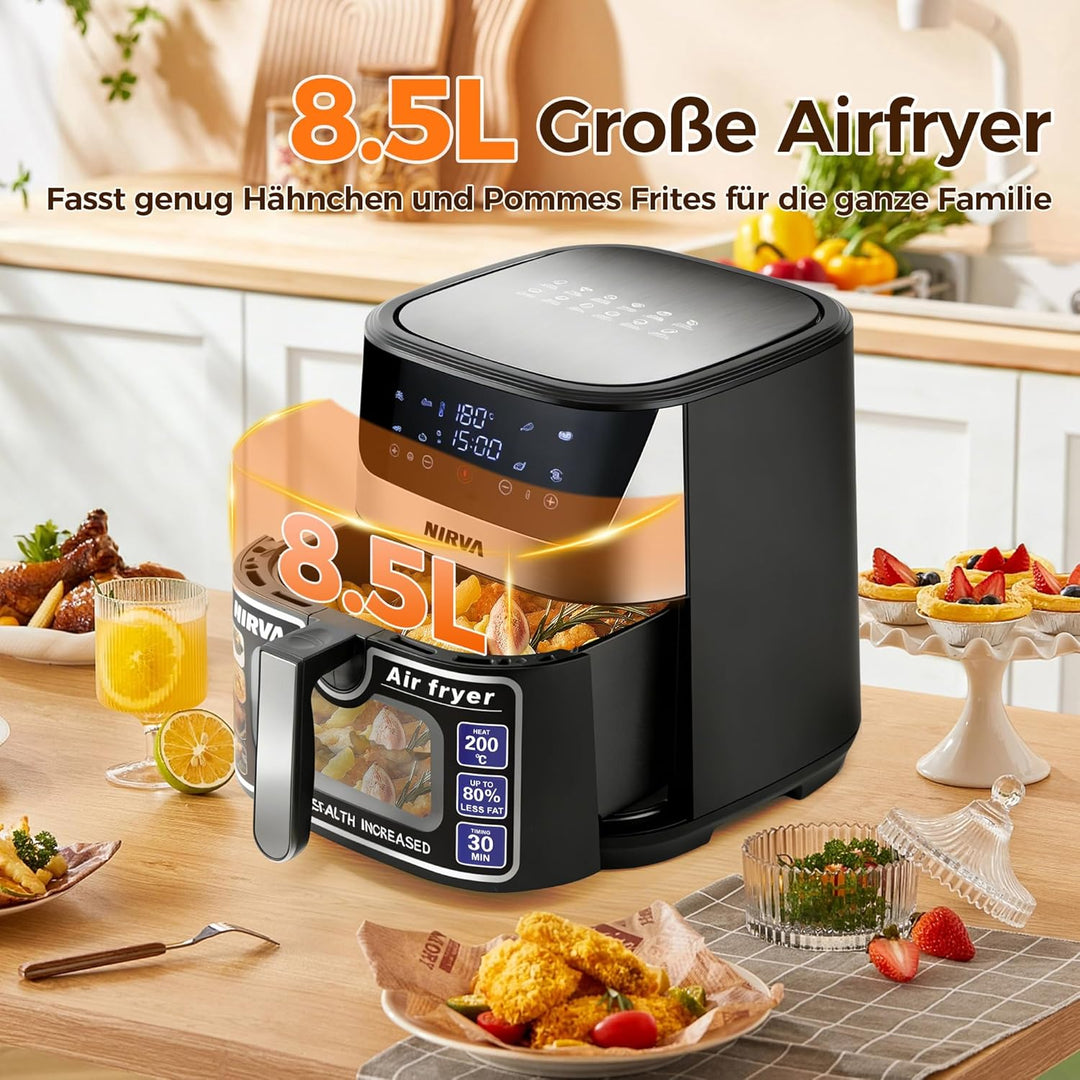 Nirva Heissluftfritteuse 8,5 L, ölfrei, 1700W grosse Airfryer, Rösten, Backen, Air Fry, Antihaftbesc