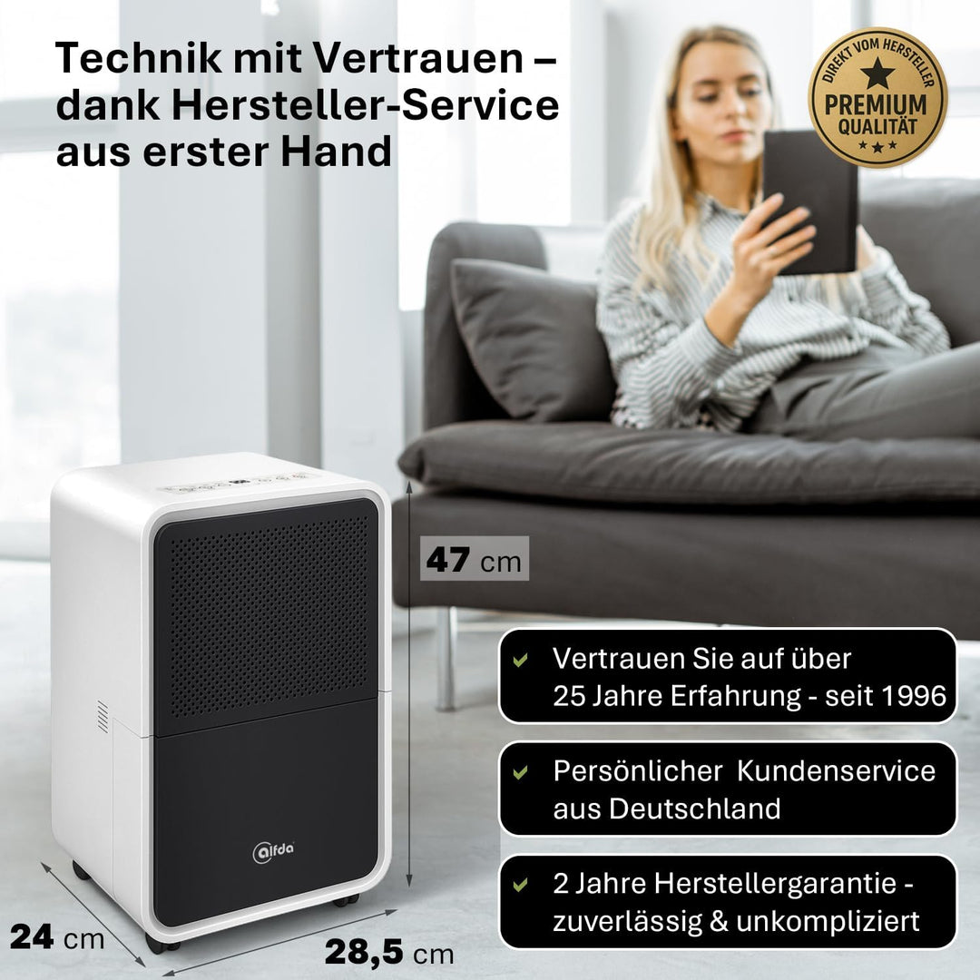 alfda AEF1200 Luftentfeuchter 12 L Tag | bis 25 m², leise & energieeffizient, Automatikprogramm, Abl