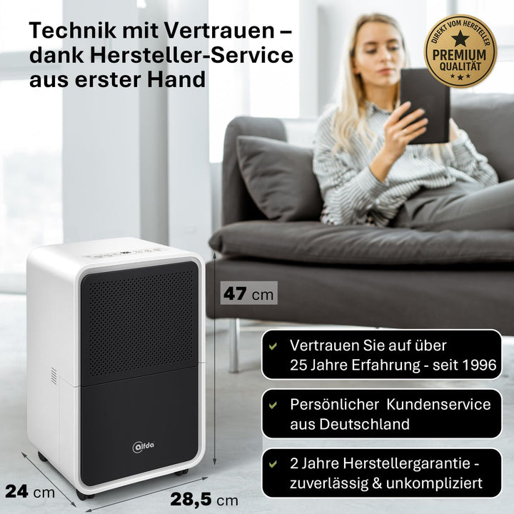 alfda AEF1200 Luftentfeuchter 12 L Tag | bis 25 m², leise & energieeffizient, Automatikprogramm, Abl