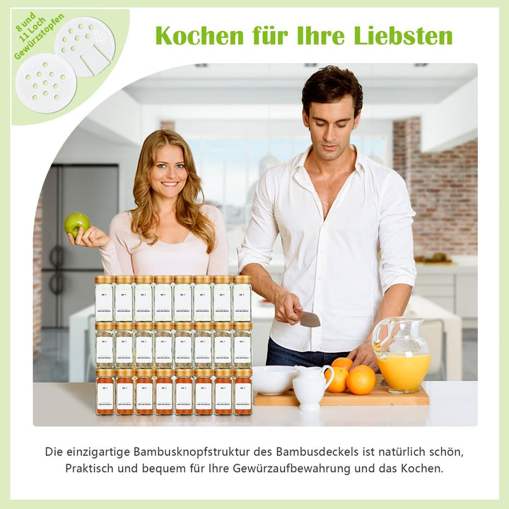 Umweltfreundlicher Bamboo-Deckel Gewürzgläser Eckig -Set,35Gewürzdosen Mit,Perfekte Organisation Küc