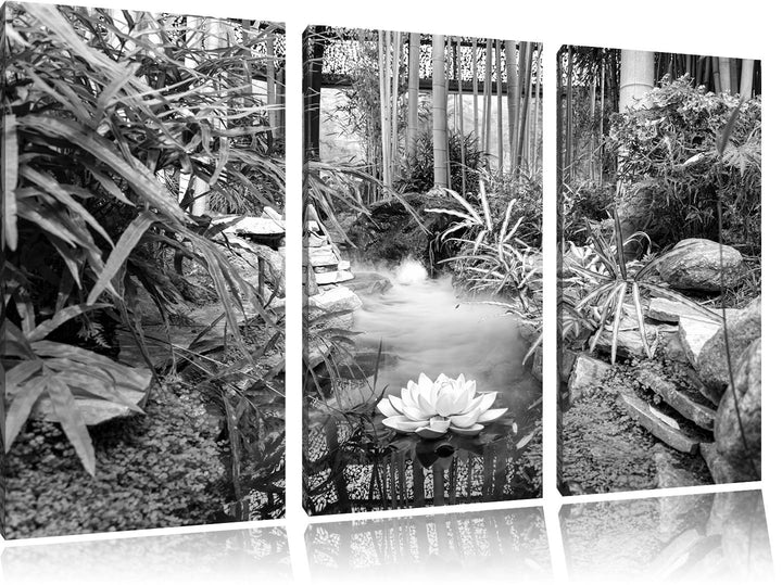 Pixxprint Zen Garten Japan Kunst B&W / 3-Teilig/Gesamtmass 120cm Leinwandbild bespannt auf Holzrahme