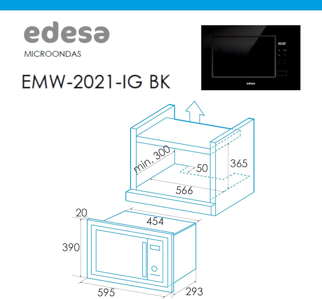 EDESA Einbau-Mikrowelle EMW-2021-IG BK, rahmenlos, grosse Kapazität, 20 Liter, Grillleistung 800 W,