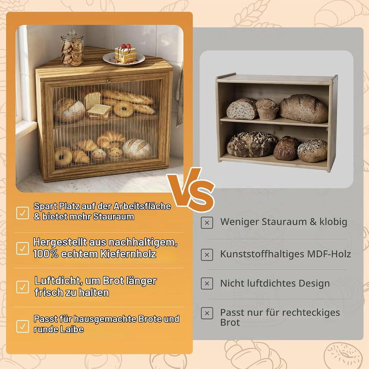Brotkasten, 2 Etagen Holz Brotaufbewahrung, Gross Brot-Aufbewahrungsbox, Luftdichte Brotbox, Brothal