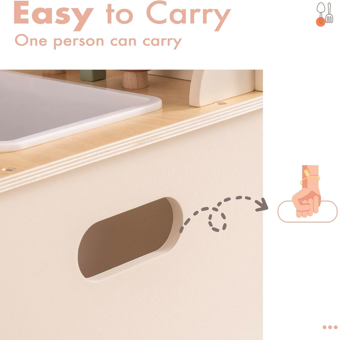 ROBOTIME Kinder-Holzküche in Rosa Creme, inklusive Schürze, Handschuh, Ofen und Wasserhahn, mit Vorh