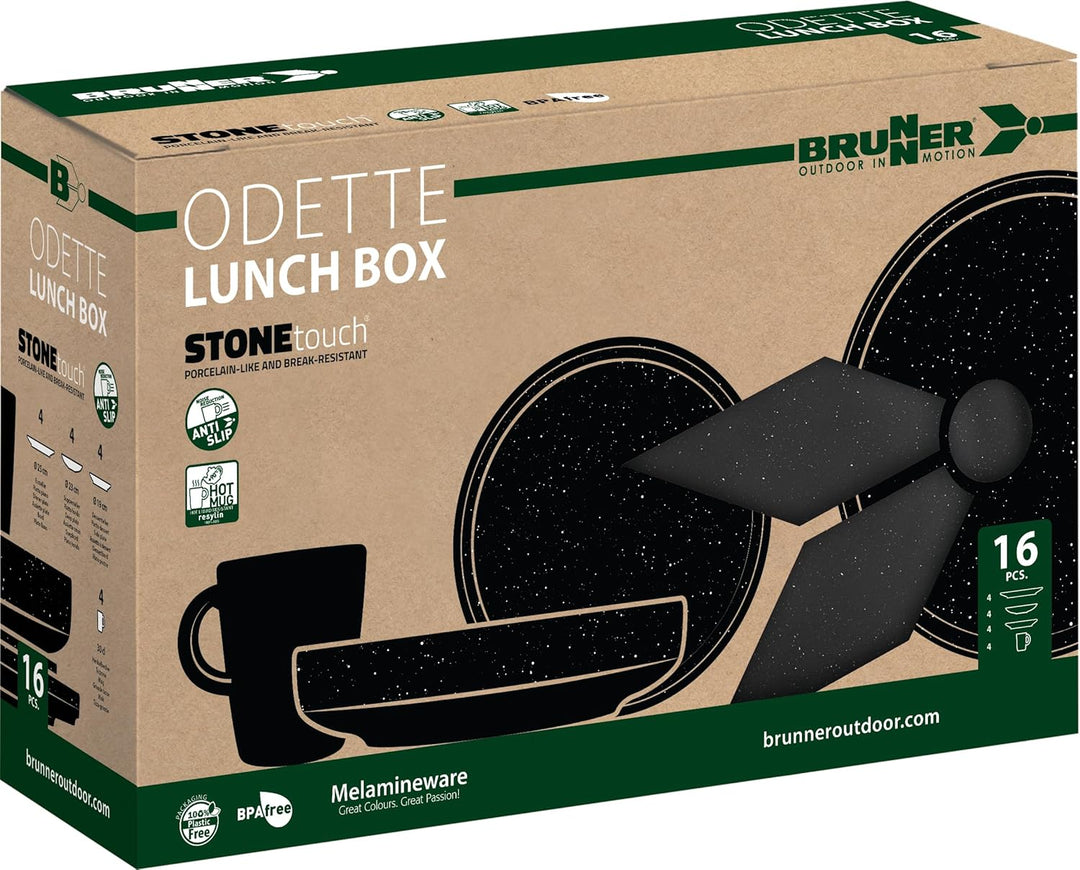 BRUNNER: Melamin Geschirr-Set Camping | 16-Teilig - Teller & Becher für 2-4 Personen | Lunch Box ODE
