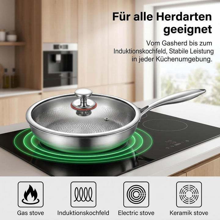 Titan Pfanne 28 cm mit Deckel, Unbeschichtete Titan Bratpfanne mit Gehämmertem Design, Kratzfeste Ph