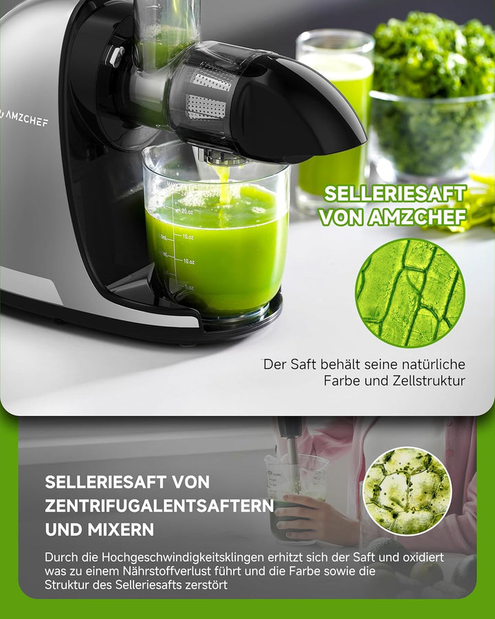 AMZCHEF Slow Juicer Entsafter Gemüse und Obst Profi Entsafter mit Ruhiger Motor & Umkehrfunktion & S