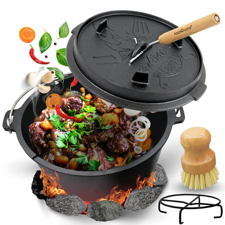 holz4home® Dutch Oven Set [9L, Mit Füssen] I Eingebrannter Feuertopf Gusseisen I Schmortopf mit Deck