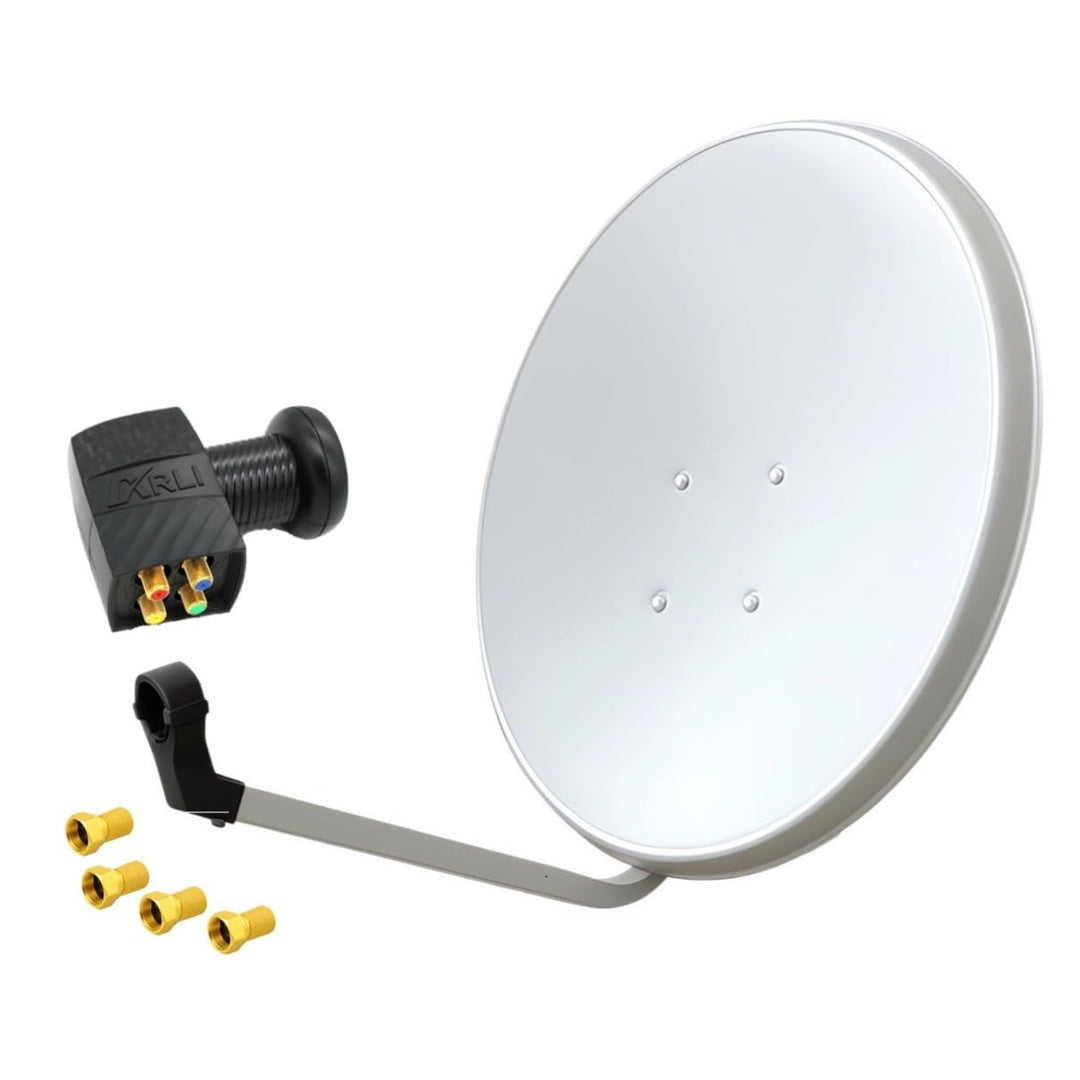 60cm HD Sat Anlage Quad LNB + 4 F-Stecker Digital 4 Teilnehmer Antenne Weiss UHD 4K + 4x F-Stecker,