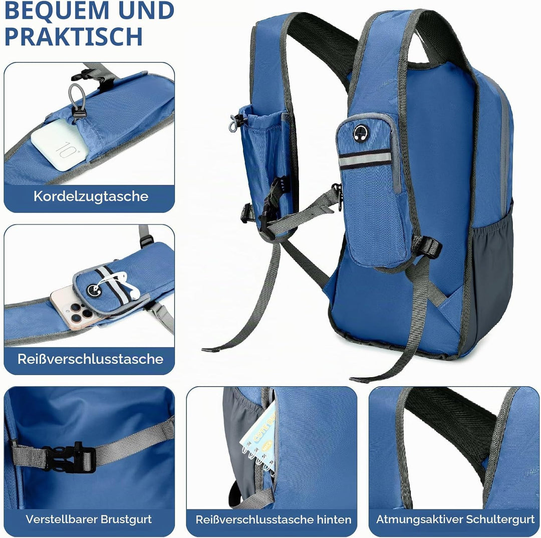 15L Wanderrucksack Kleiner Damen Herren Leichter Faltbarer Daypack Tagesrucksack Trekkingrucksack Du