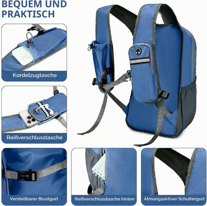 15L Wanderrucksack Kleiner Damen Herren Leichter Faltbarer Daypack Tagesrucksack Trekkingrucksack Du