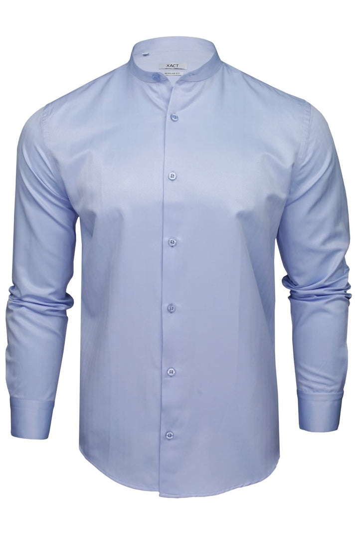 Xact Herren Langarmhemd mit Herringbone-Muster und Grandad-Mandarinkragen, Sky Blue