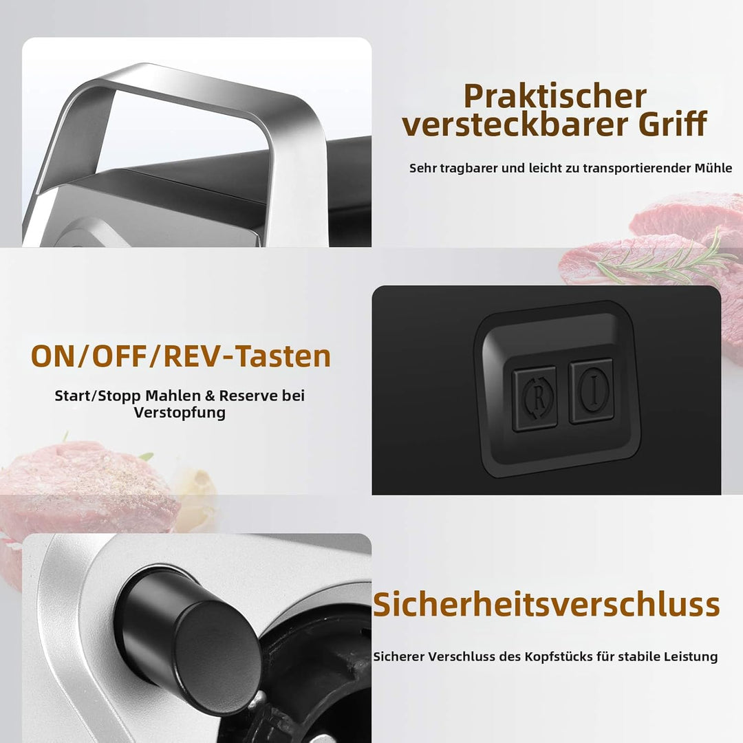 CHEFFANO Elektrischer Fleischwolf 2000W, mit 3 Schneidscheiben, Wurstfüller &amp; Kubbe-Aufsatz, Leistun