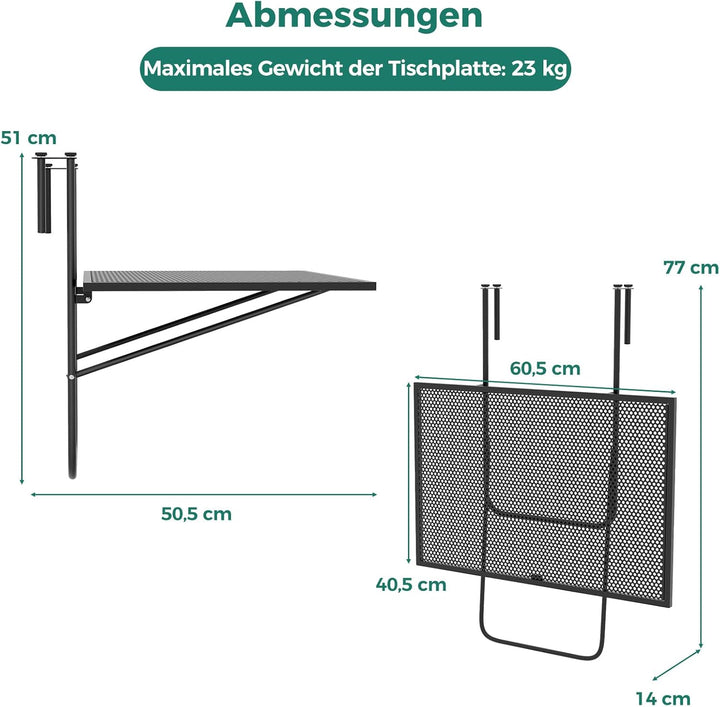 COSTWAY Balkontisch klappbar, Balkonhängetisch zum Einhängen, Klapptisch aus Metall, rechteckiger Hä
