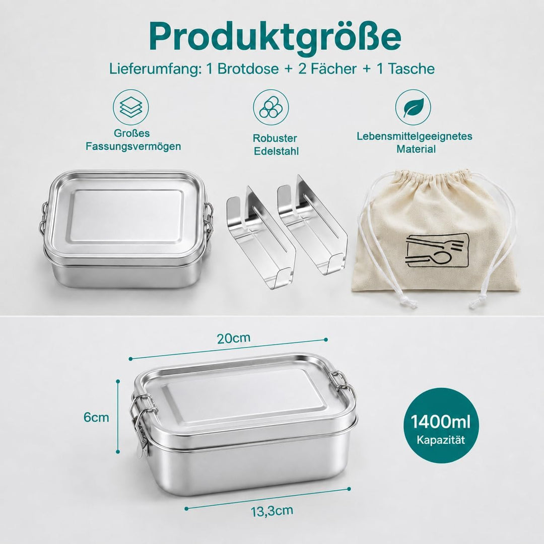 TEAMFAR Brotdose, Edelstahl Bento Lunch Box mit Fächern &amp; Tasche 1400ml | 2 Herausnehmbare Trennwänd